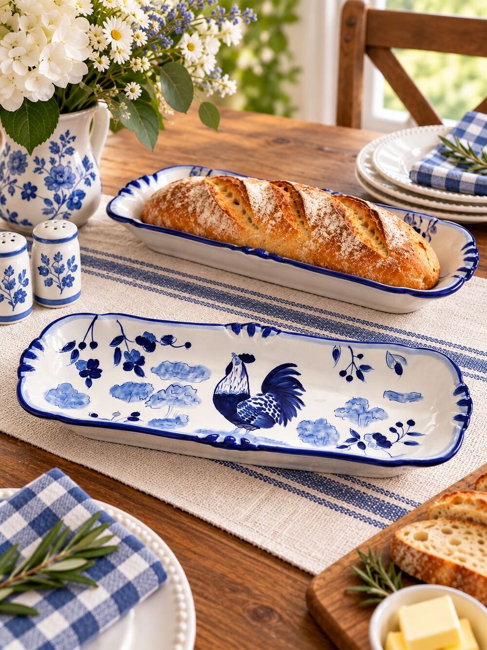Certified International Pamela Gladding Blue White Rooster Bread Tray 17"